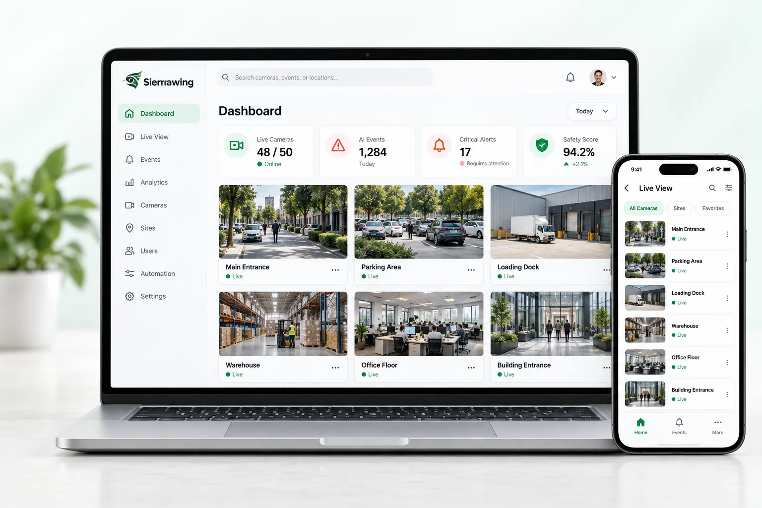Laptop and phone displaying the Sierrawing visual intelligence dashboard