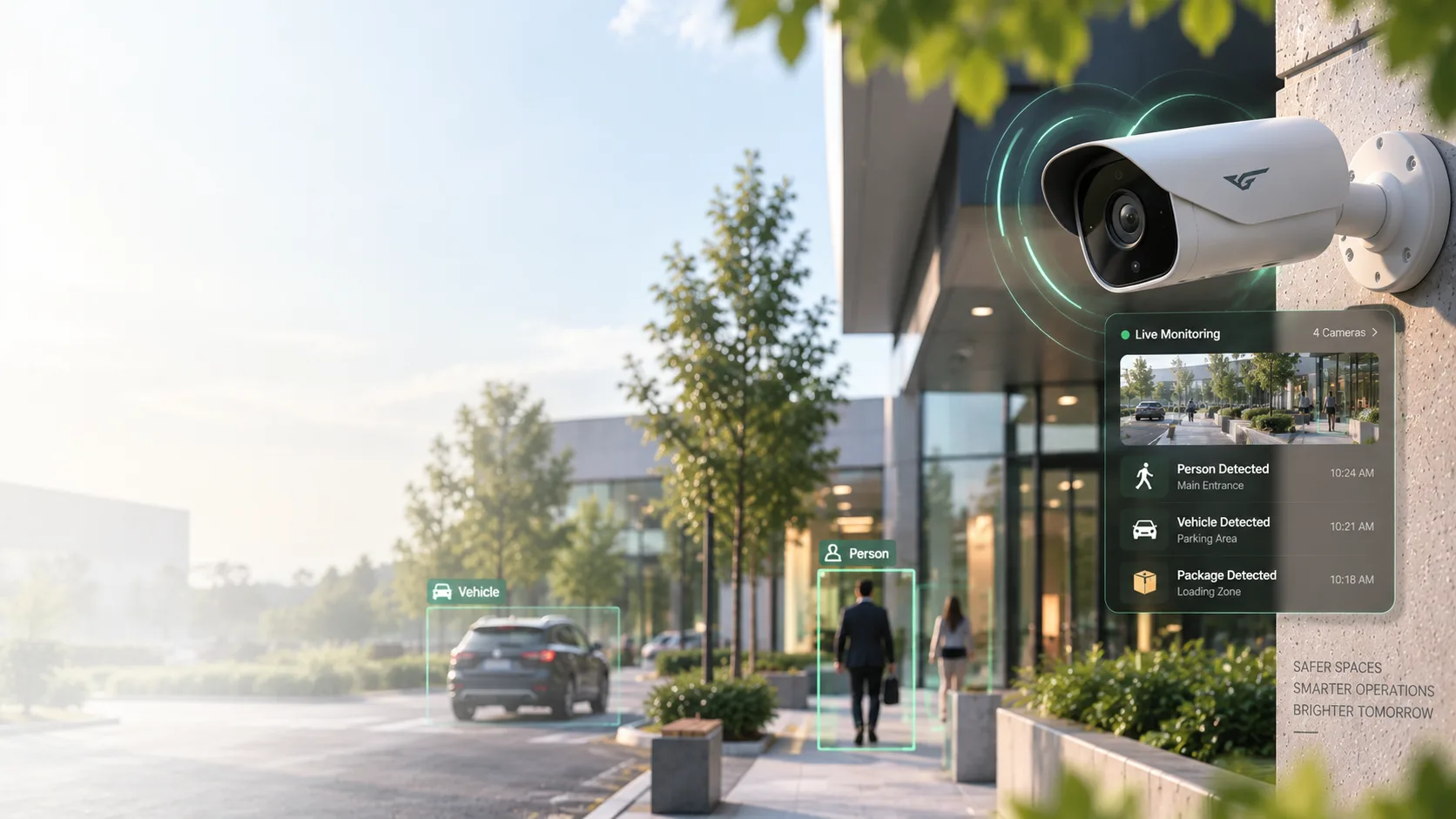 Camera monitoring a modern business campus