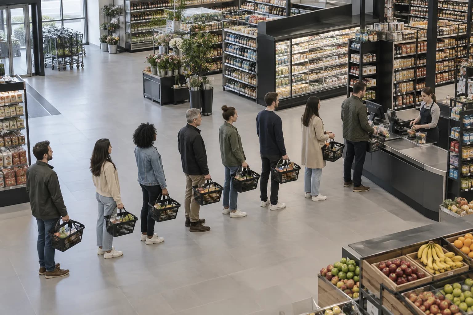 Customers waiting in a retail checkout queue