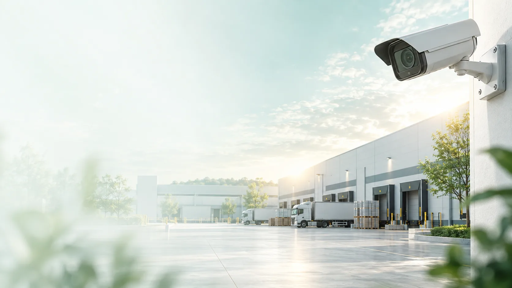 AI-assisted camera monitoring at a sunlit logistics facility