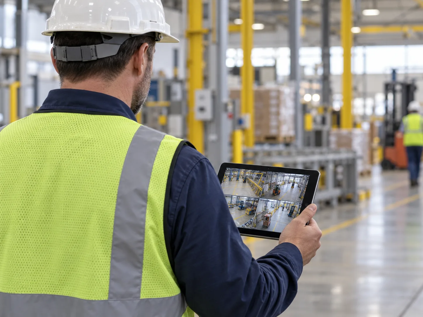 Warehouse supervisor wearing a hard hat and safety vest reviewing camera feeds on a tablet