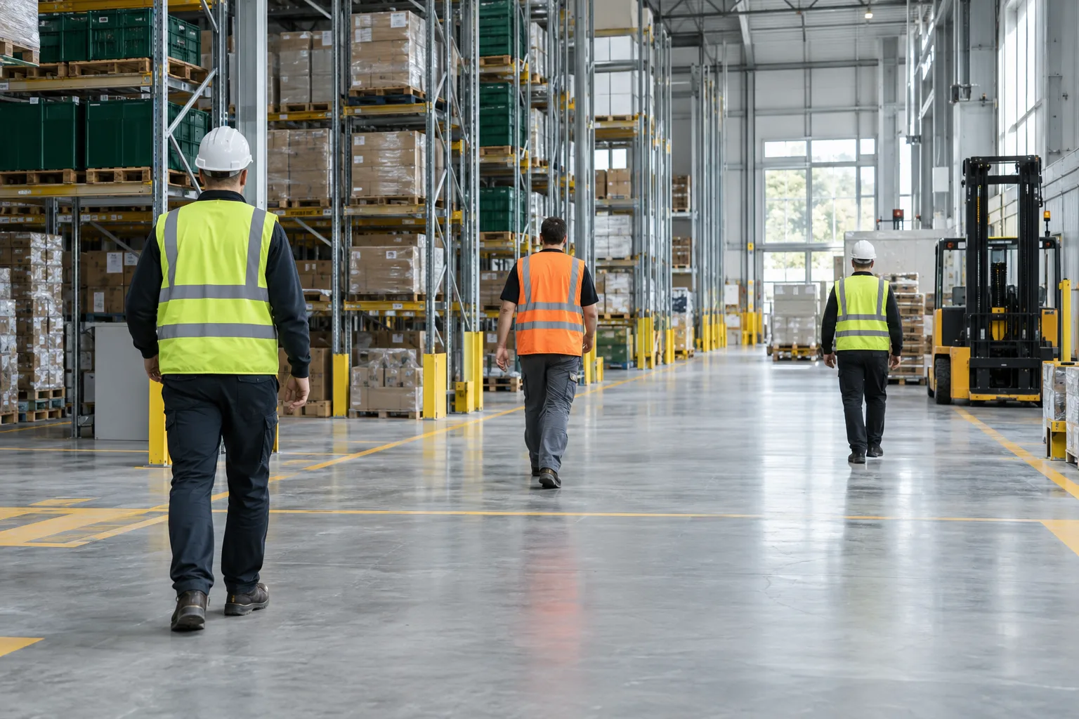 Workers and a forklift on a modern warehouse floor
